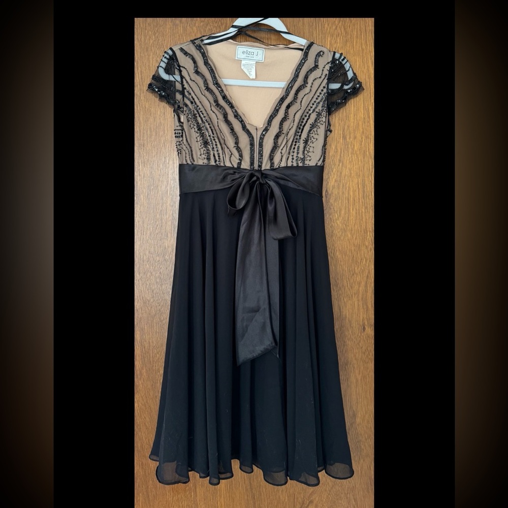 Black & Nude Embellished V-Neck Fit-and-Flare Dress